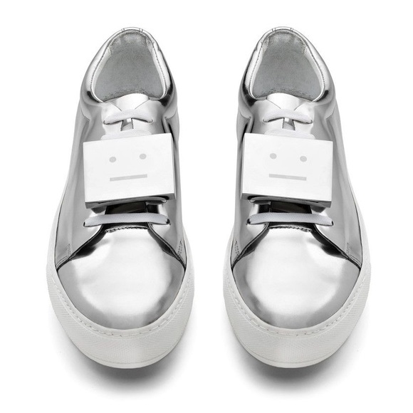 Acne Studios Adriana Silver Metallic Face Logo Leather Sneakers - Picture 1 of 10
